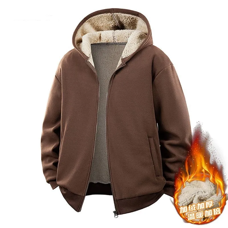 

New Autumn and Winter Fashion Solid Color Thickened Warm Lamb Plush Hooded Jacket Men's Casual Loose Sports High Quality Jacket