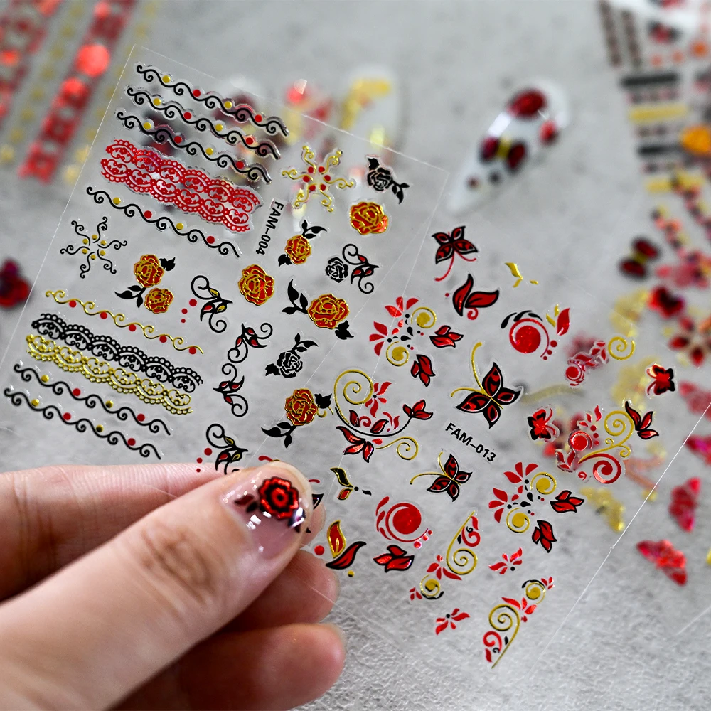 30Pcs/Set Red Golden 3D Nail Art Sticker Hot Stamping Hollow Decals Mixed Designs Adhesive Flower Nail Tips Letter Butterfly Set