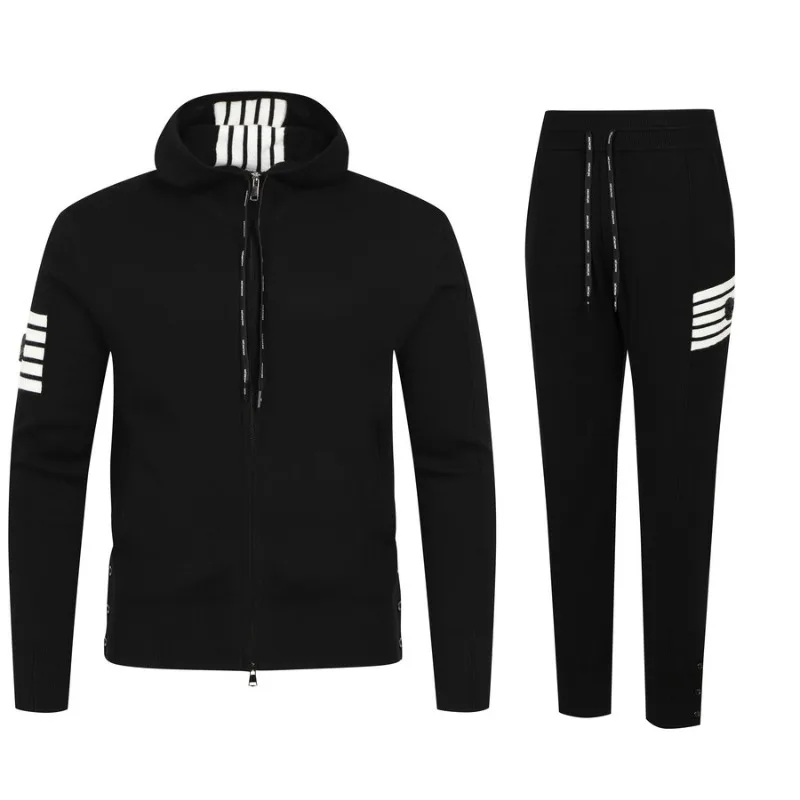 Men's Knitted Sweater and Pants Suit Fashionable Personality All-match Zipper Sweater Autumn and Winter Warm Pullover