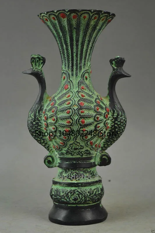 Pair Auspicious Peacock Rare Noble Vase Old Collectibles Bronze Carve