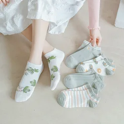 5 Pairs/lot Elegant Funny Cute Cotton Girls Vintage Flowers Short Female Low Cut Ankle Green Leaves Socks Summer Spring Women