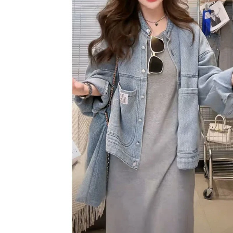 Korean Fashion Blue Top Loose Women's Denim Jacket Autumn Retro Wild Denim Coat Big Pocket Outerwears Long Sleeve Clothes