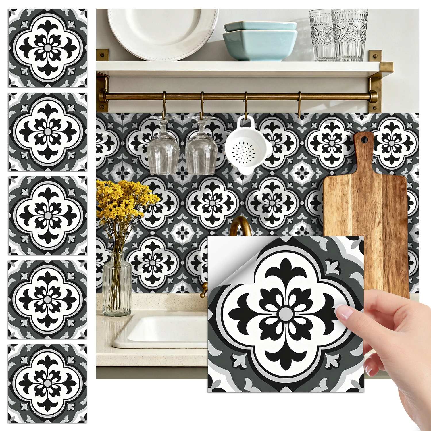 

36 pieces of minimalist floral tile stickers, self-adhesive wall stickers, waterproof kitchen, bathroom and home decoration