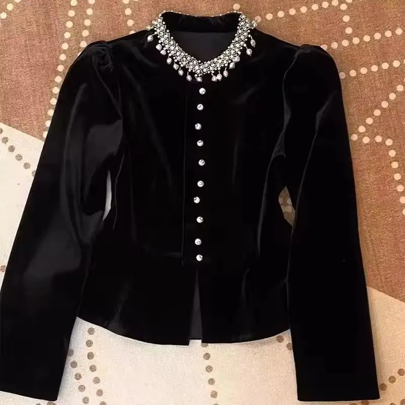 

Women's Golden Velvet Blouse Autumn Winter Solid Color Heavy Industry Ladies Tops Fashion Long Sleeve Lady Slim Shirt JJ65