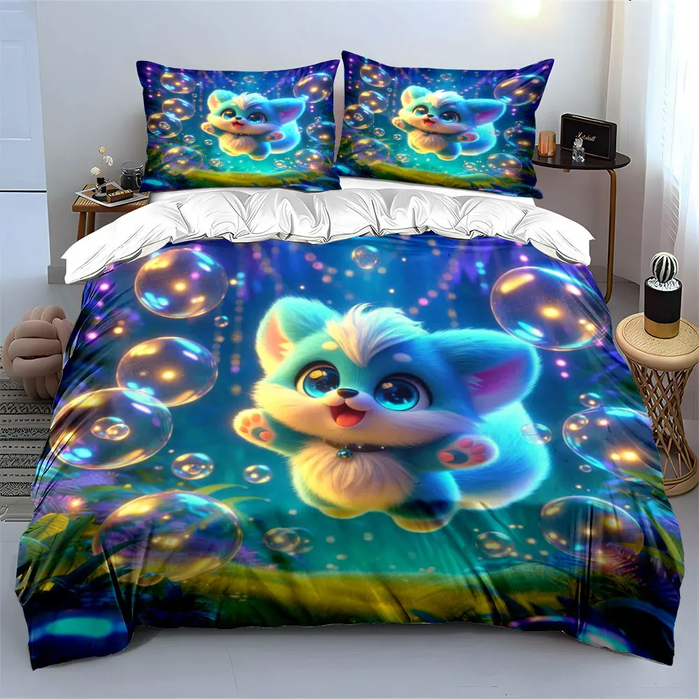Fantasy blue puppy with glowing bubbles Duvet Cover Set with 3D Printing Design Soft Polyester Bedding Set All-Season Comfort