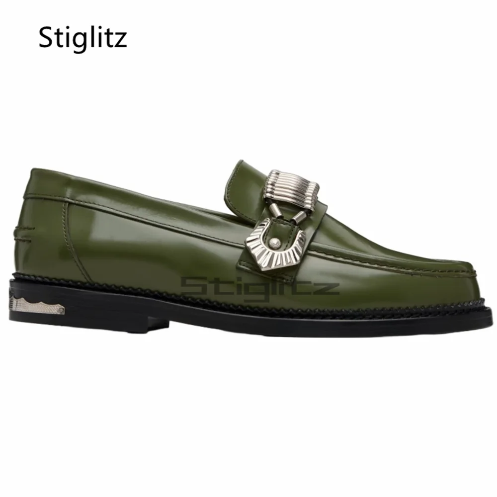

Metal Chain Green Leather Shoes for Men Round Toe Genuien Cowhide Loafers Comfortable Slip On Casual Business Handmade Shoes