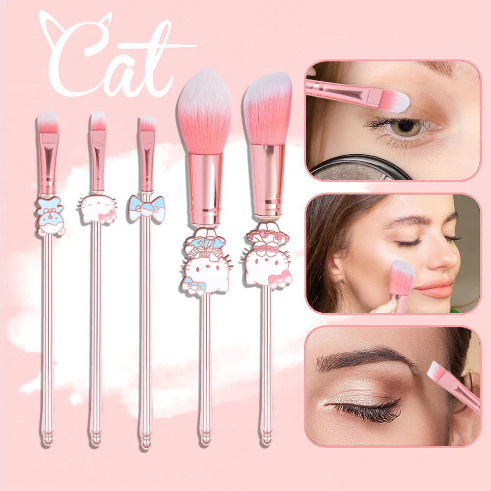 مجموعة فرش مكياج هالو كيتي مكونة من 5 قطع مع حقيبة مستحضرات تجميل وردية لطيفة - هدية مثالية للفتيات، #3