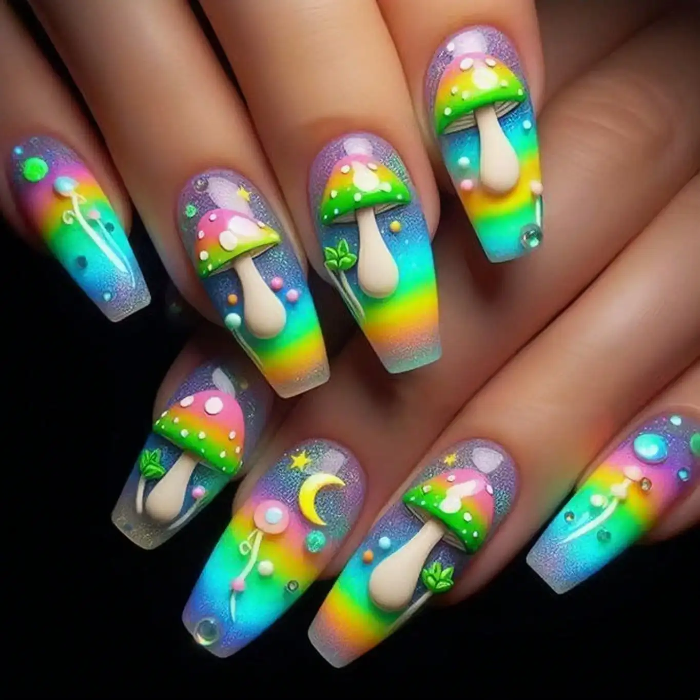 

Jelly Glue + Rubber StripMedium-Length Ballet Nail Mushroom Pattern Spring-Summer Nail Patches, Detachable Fake Nails, Green-Ton