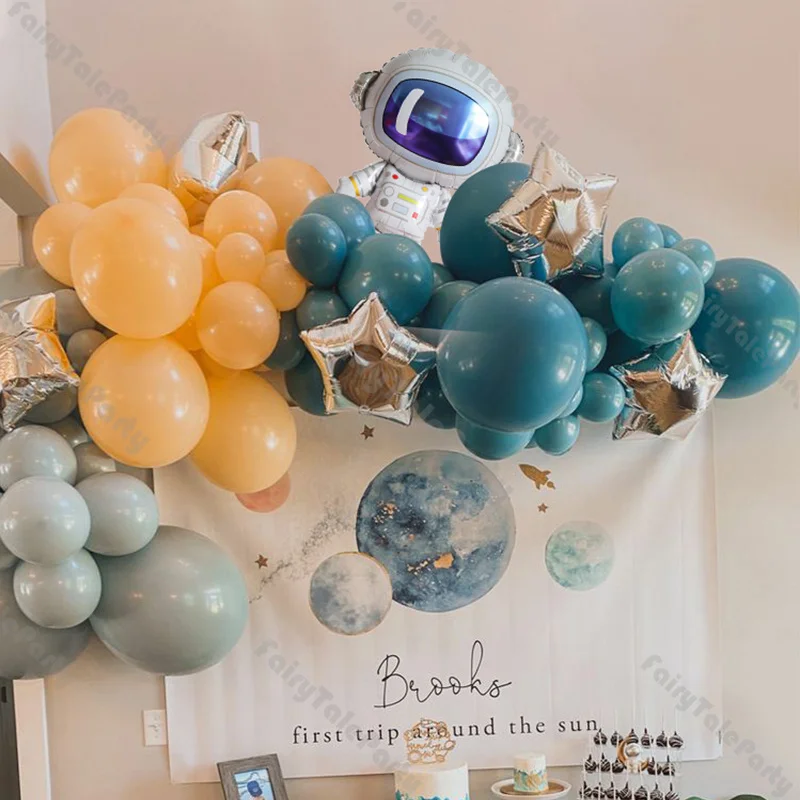 73pcs Astronaut Balloon Arch Dusty Blue Cream Peach Balloon Garland Kit Star Balloons Galaxy Themed Party Birthday Boy Backdrop