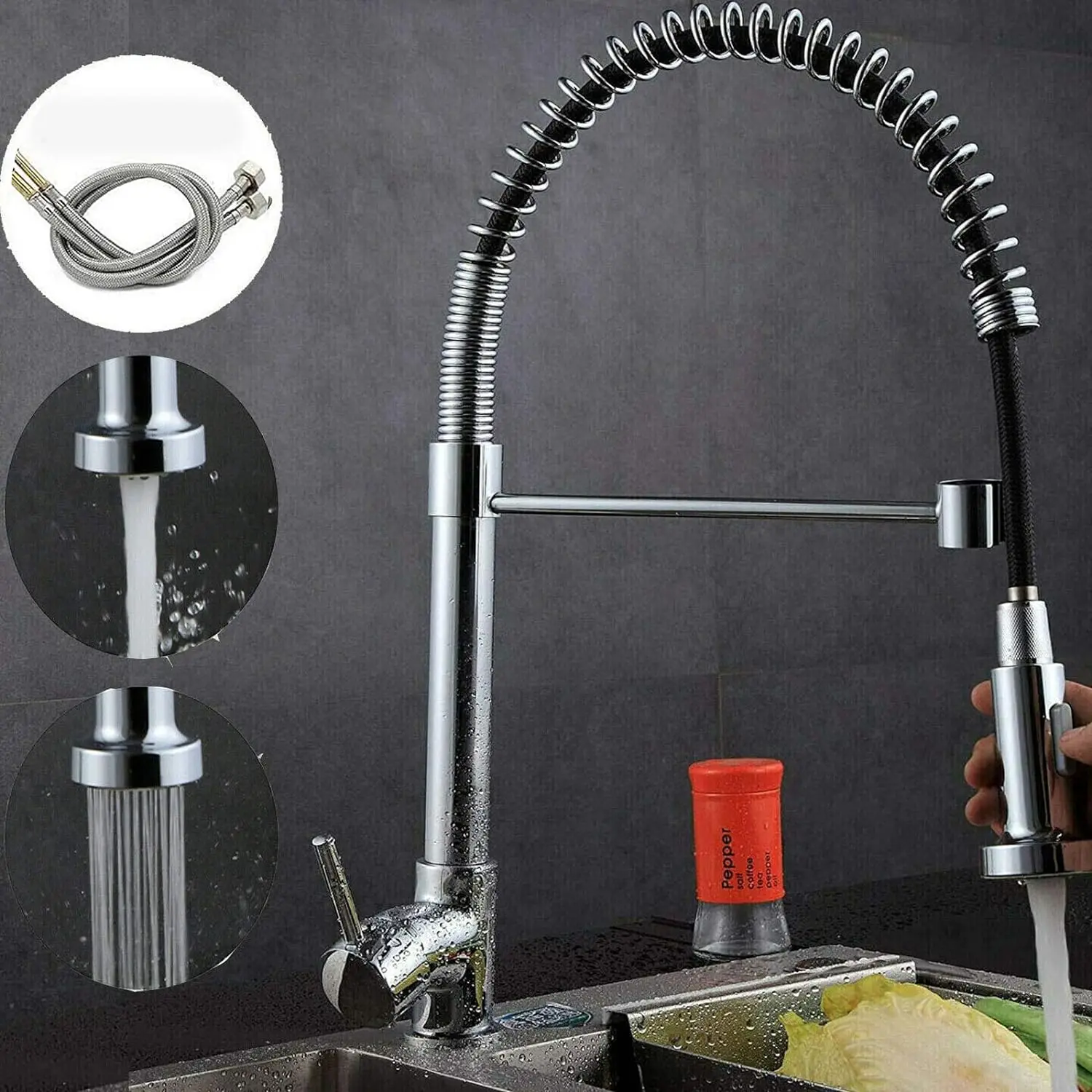 Chrome Monobloc Kitchen Sink Mixer Tap Swivel and Spring Spout Pull Out Hose Spray Single Lever Swan Neck Faucet 360° + Hose