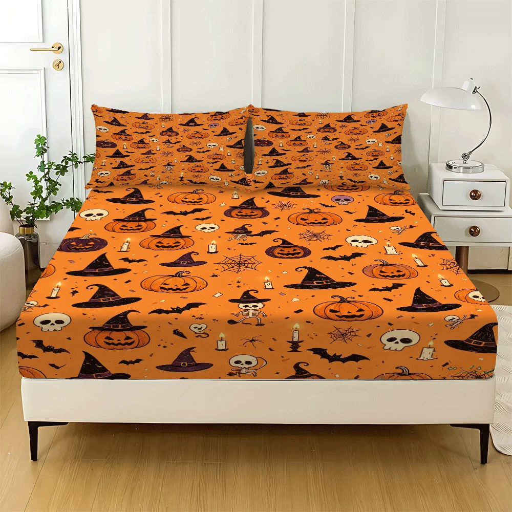 Halloween Mattress Protector, Elastic Fitted Sheet Cover + 2 Pillowcases (Without Filling) 2D Flat Printing, Mattress Protector, Fitted Sheet Protector, Mattress Cover, Elastic Fitted Sheet Cover King/Twin/Queen Size Three-Piece Comfortable Decorative 2D Printed Bedding Set, Includes Deep Pocket Fitted Sheet and Two Pillowcases, Does Not Include Pillow Inserts, Machine Washable