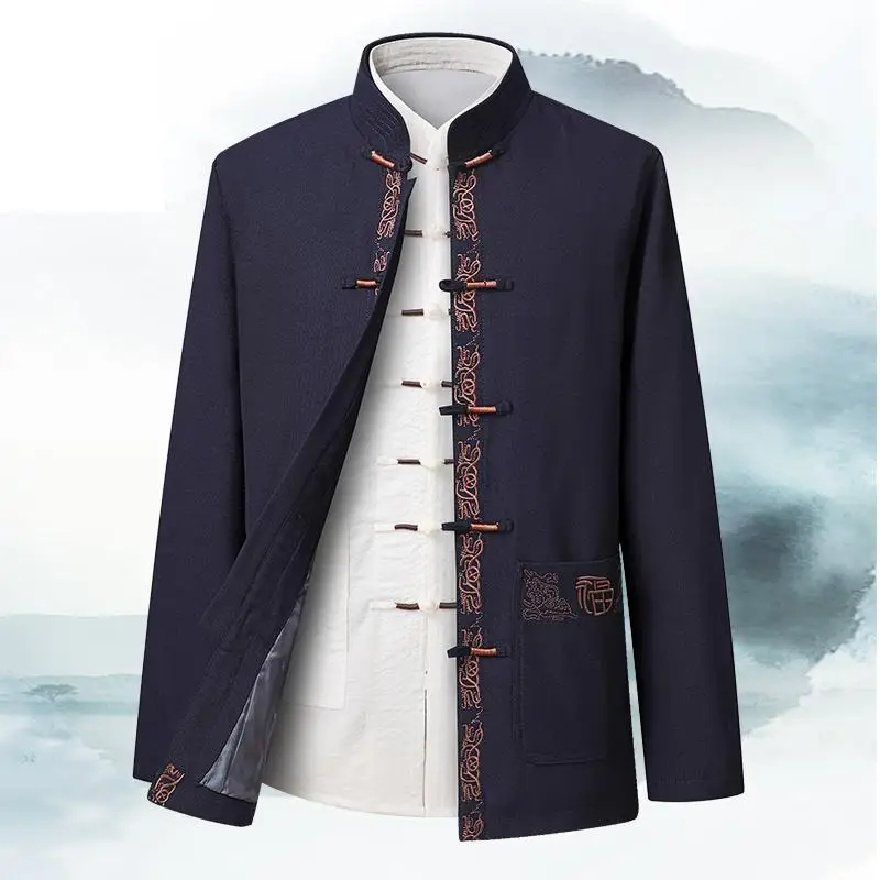 Spring Autunm New Men Embroidery Tai Chi Clothing Male Tang Suit Chinese Traditional Cotton Linen Kung Fu Wushu