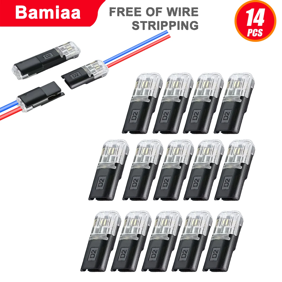 44/14pcs, No-Strip Interlocking Terminals; LED Quick-Connect Dual-Pin, Dual-Channel D2 Wire Connectors for Safe Wire Routing.