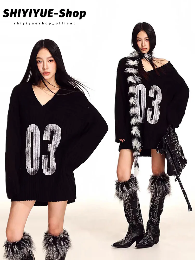 

Loose V-Ne Pullover Knitted Sweater Women's Autumn Winter Faion Letter Print Casual Sle Pure Color Long Sve Top