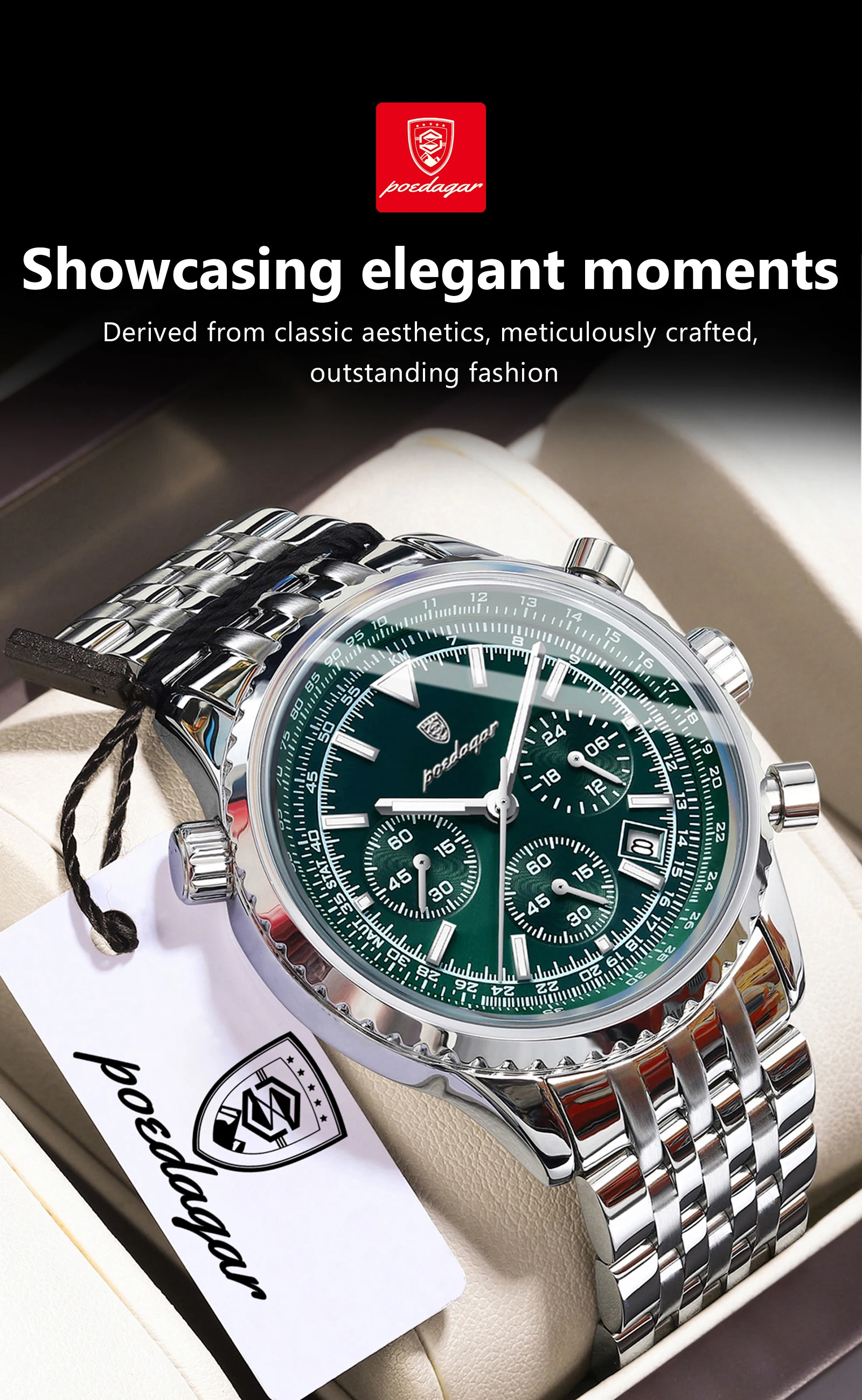 POEDAGAR Luxusuhren für Herren, Datum, Chronograph, Edelstahl, Sport-Herrenuhr, wasserdicht, leuchtender Quarz, Militär-Herrenuhr – Detail 14