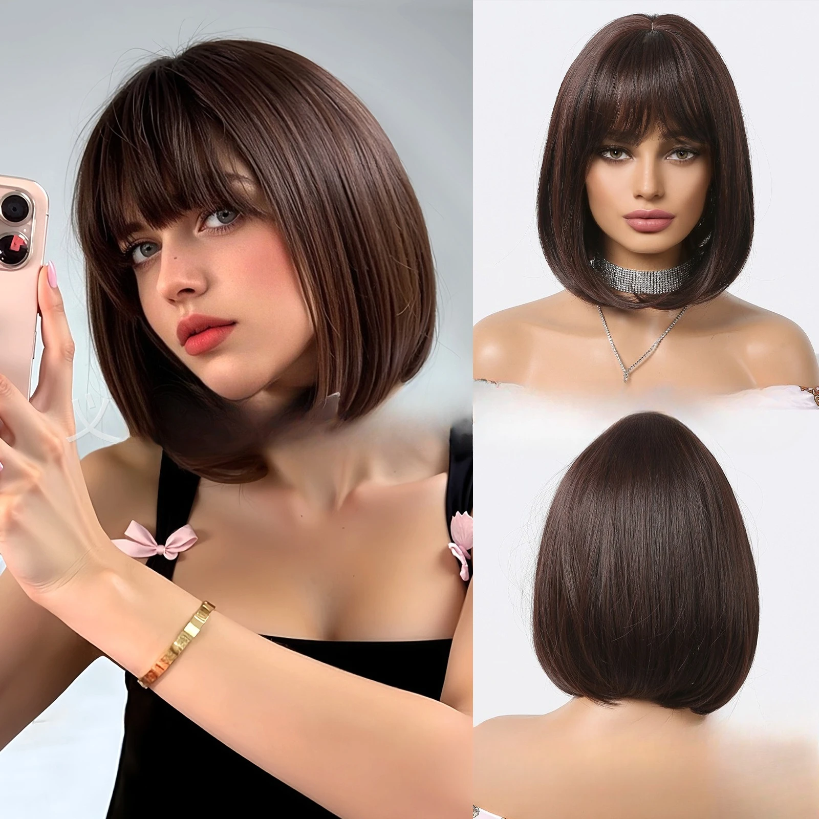 

Brown wig Qi bangs Bobo head bobo short hair natural daily full headgear wigs
