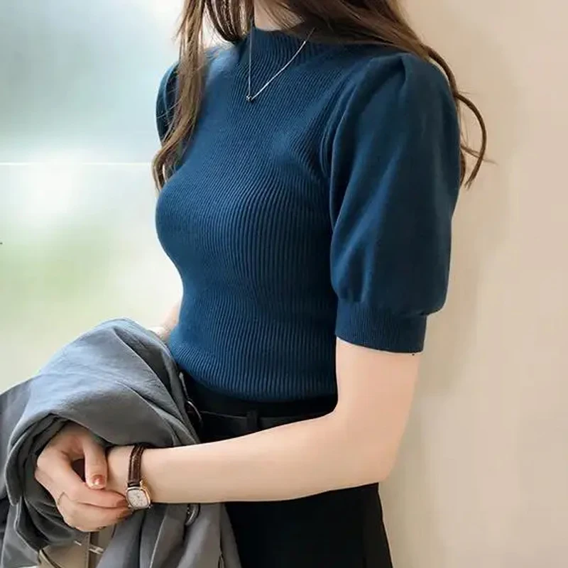 Elegant Half Turtleneck Knitted T-shirts Fashion Summer Casual Puff Sleeve Blouses Spring Slim Shirt Solid Simple Tops Clothing