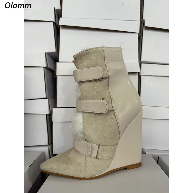 

Olomm New Fashion Women Ankle Boots Wedges Heels Boots Poined Toe Pretty Beige Red Yellow Party Shoes Women Plus US Size 5-15