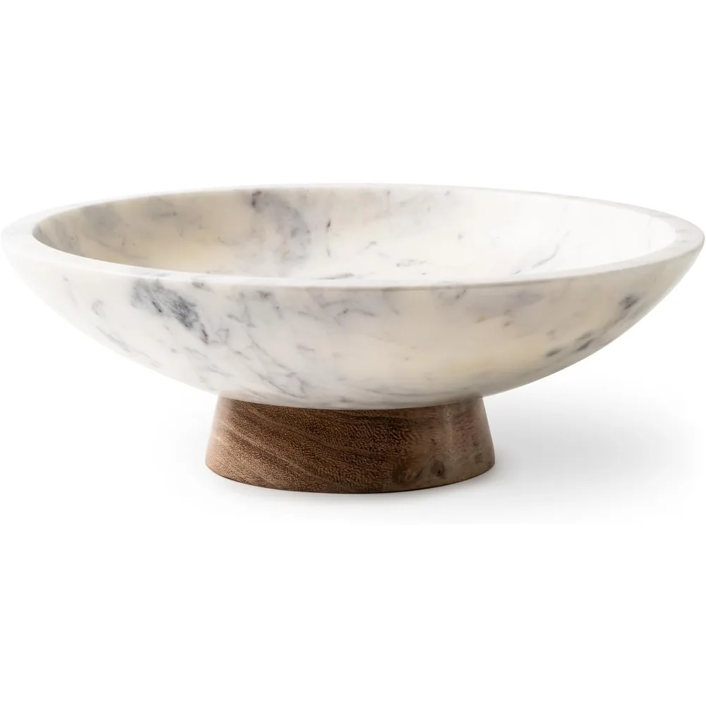 

Marble Decorative Bowl for Home Decor - Handcrafted Natural Stone with Acacia Wood Pedestal - Versatile