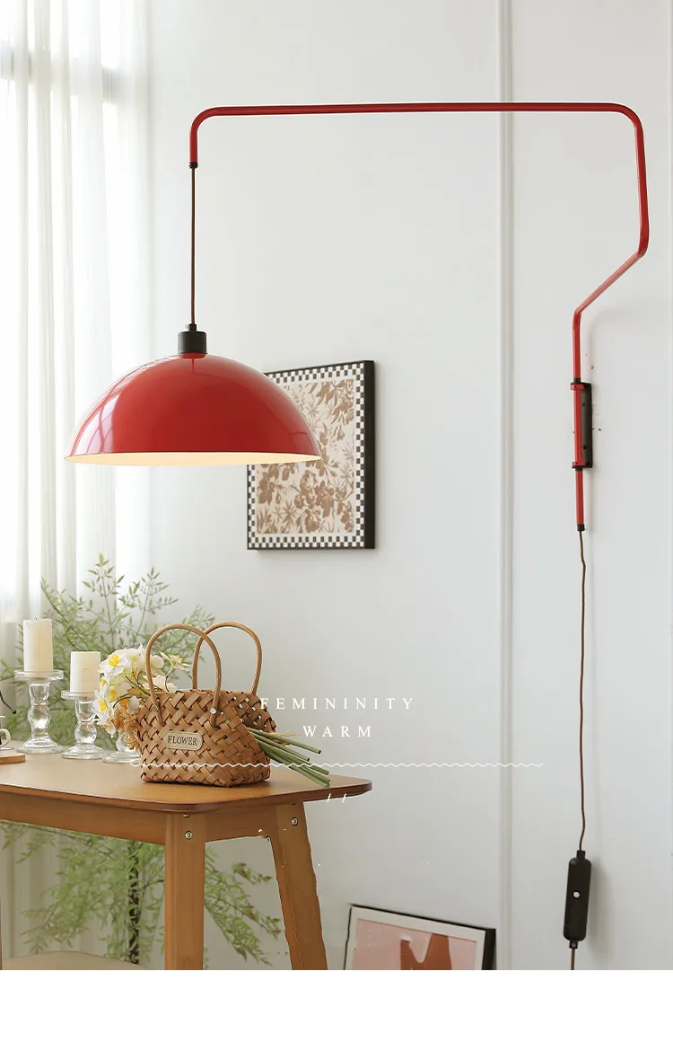 Lámpara de pared roja Vintage, luces colgantes de pared largas, lámpara de pared con brazo oscilante ajustable para dormitorio, luces de lectura montadas en la pared