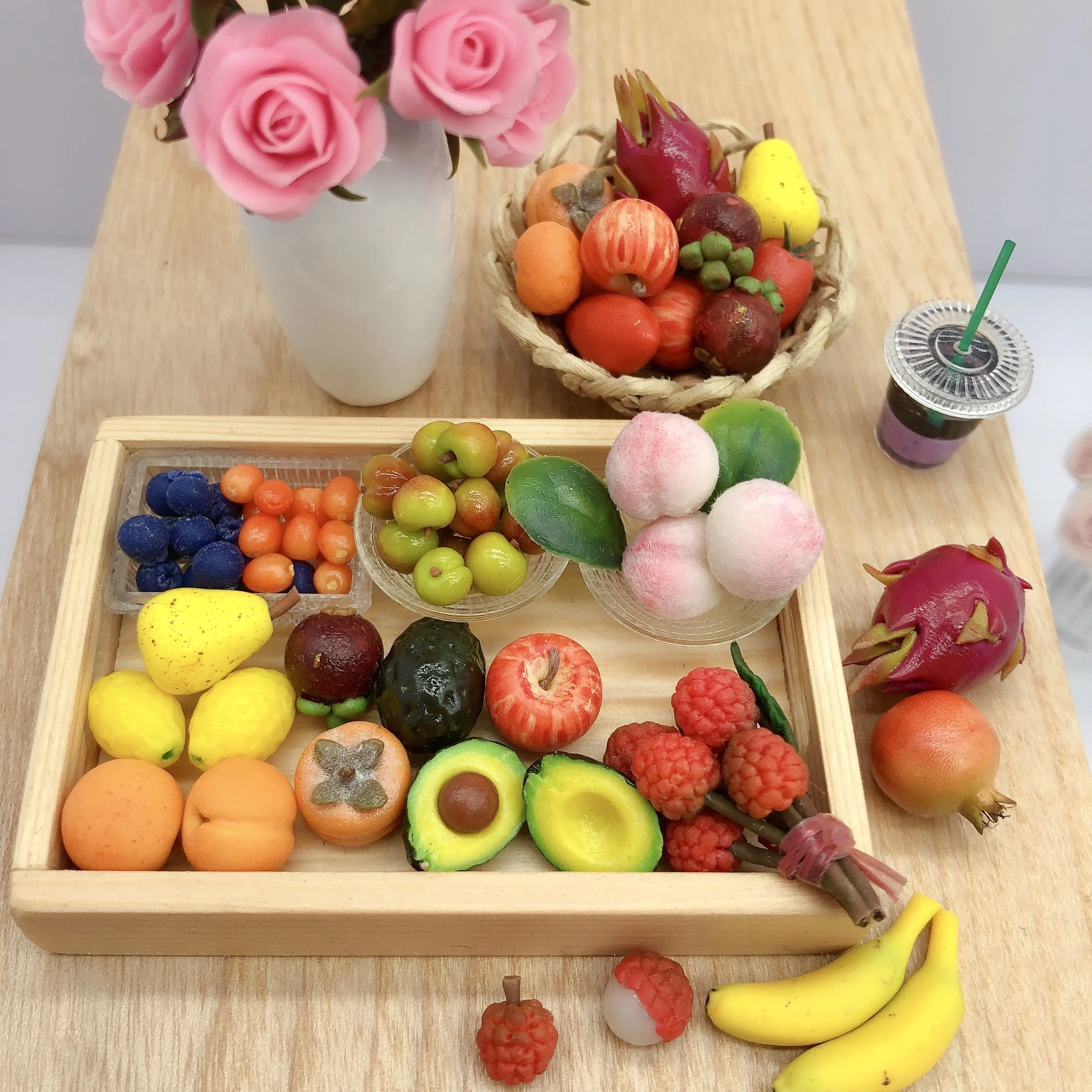 1:12 Doll House Miniature Food Play Handmade Fruit Plate Mini Kitchen DIY Pineapple Apple Dragon Fruit Papaya BJD Clay Model