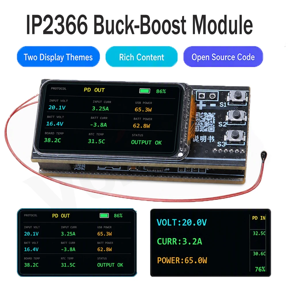 IP2366 Buck-Boost PD140W Power Bank Motherboard Charge/Discharge Module 2-6S Lithium Battery Charging Board 0.96-inch/1.47-inch