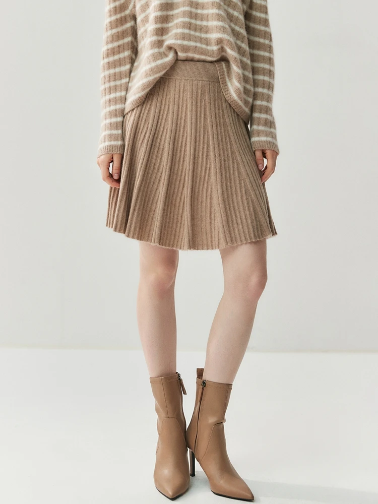 

100% Cashmere Skirt Women Above Knee Knit Skirt Autumn Winter High Waisted Soild Pleated Slimming Versatile Dress High Quality