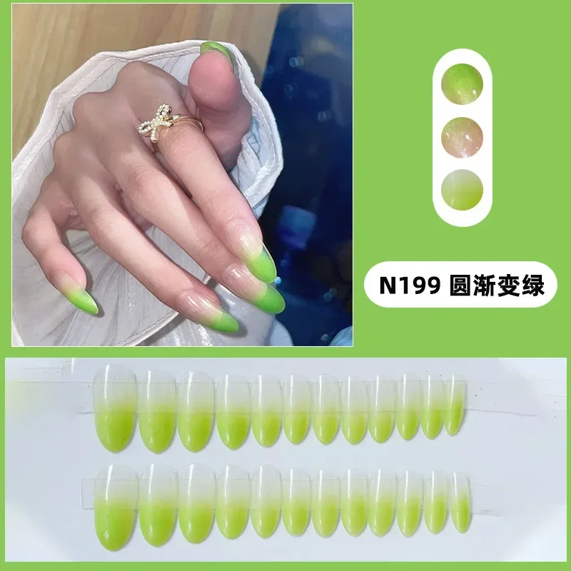 24Pcs Long round head False Nails gradient fluorescent green Fake Nails french Press on Nails summer Full Cover Nail Tips Art