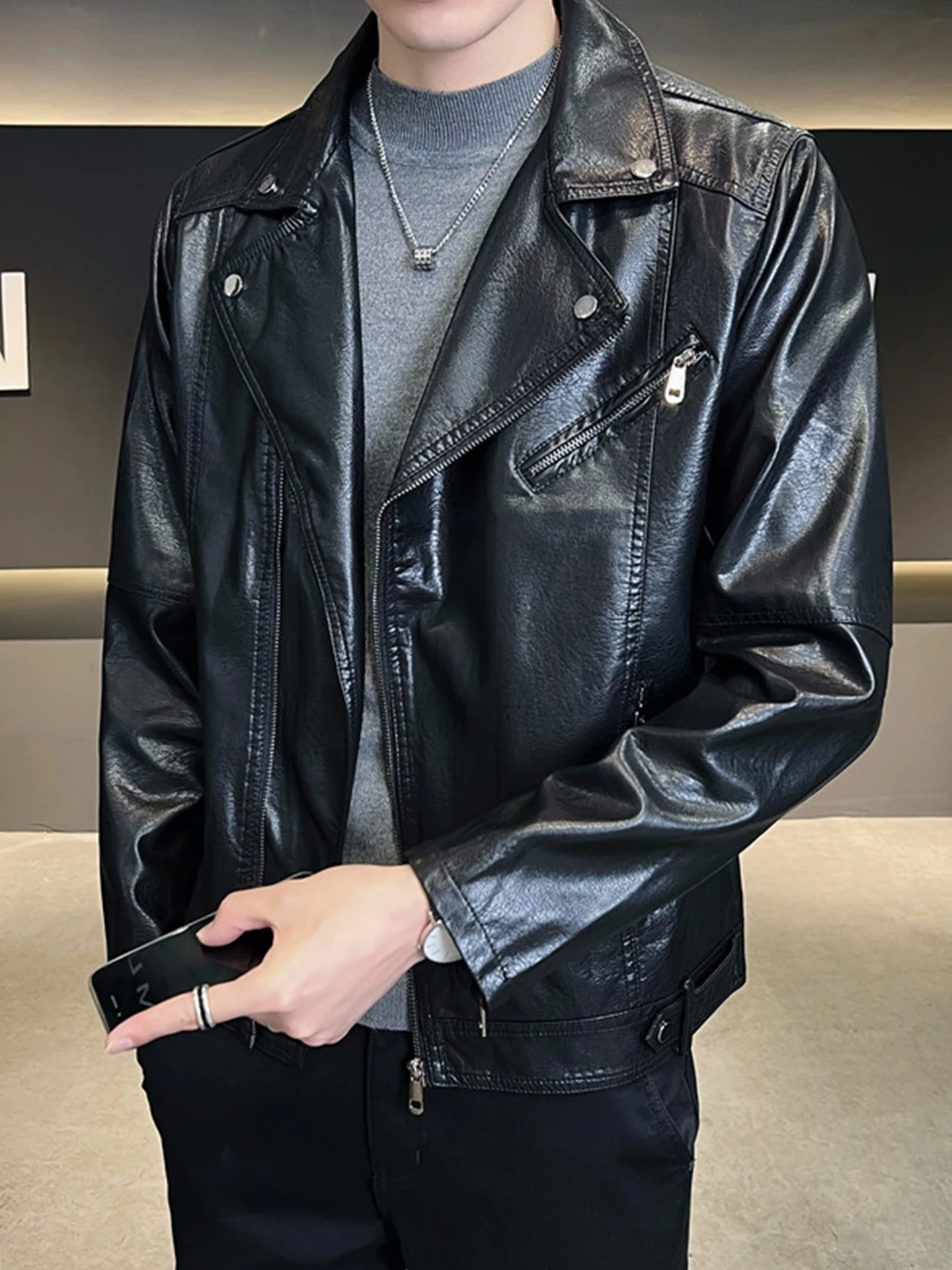 

Мужская куртка из искусственной кожи American Sle ort с воротником-стойкой, мотоциклетный дизайн, облегающая модная осенняя верхняя одежда