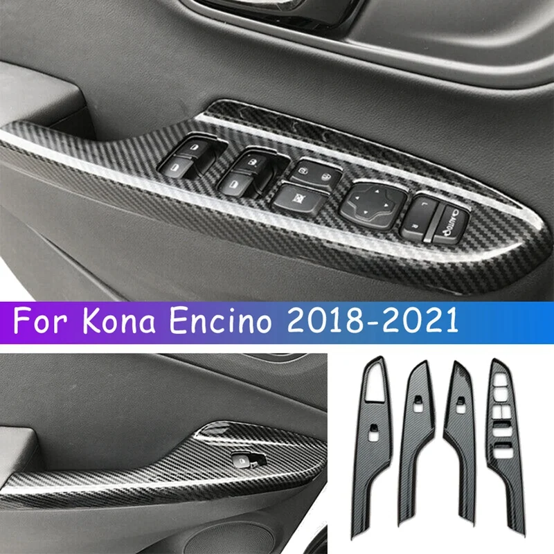 For Hyundai Kona Encino 2018-2021 Carbon Fiber Window Lift Switch Button Panel Cover Interior Door Armrest Trim