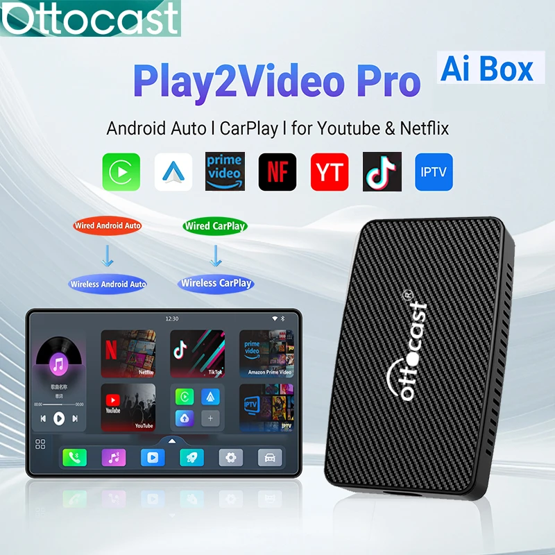 Ottocast Android Ai Box Wireless CarPlay Android Auto Adapter Built in Youtube Netflix Spotify IPTV for Car with Wired Carplay