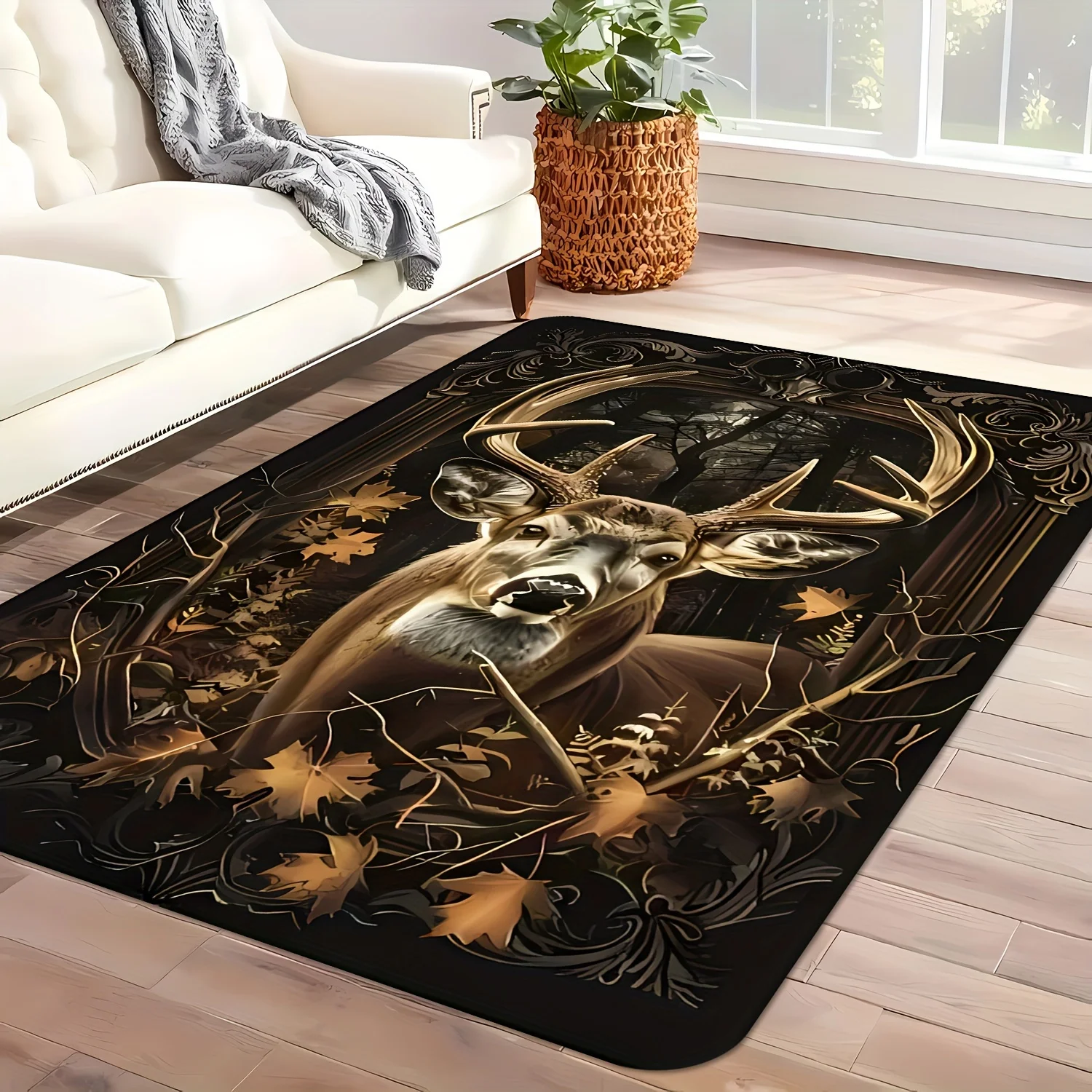 Vintage Autumn Deer Print Non-Slip Area Rug, Soft Flannel Carpet for Living Room Bedroom Entryway Study Game Room Decor - view 3
