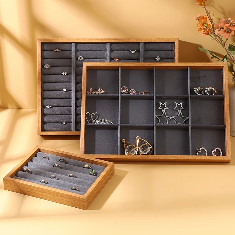 

Классический деревянный серый бархатный лоток для ювелирных изделий, универсальный браслет, ожерелье, серьги, кольца, лотки для хранения, реквизит для витрины
