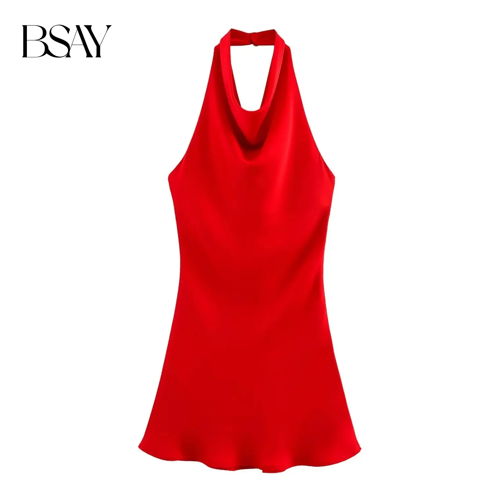 BSAY Satijnen Textuur Jurk voor Dames Mode Zomer Nieuwe Mouwloze Backless Halter Hals Chique Vrouwelijke Avondjurken Mujer