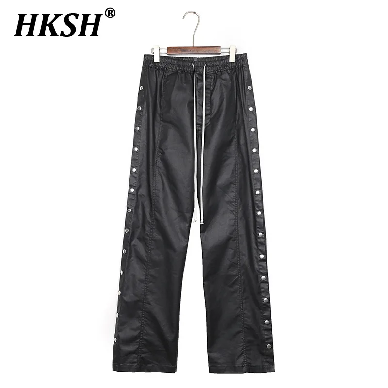 

HKSH Men's Tide Niche Design Dark Coating Wax Face Straight Wide Leg Buckle Denim Loose Casual Pants Punk Fashion Jeans HK0041