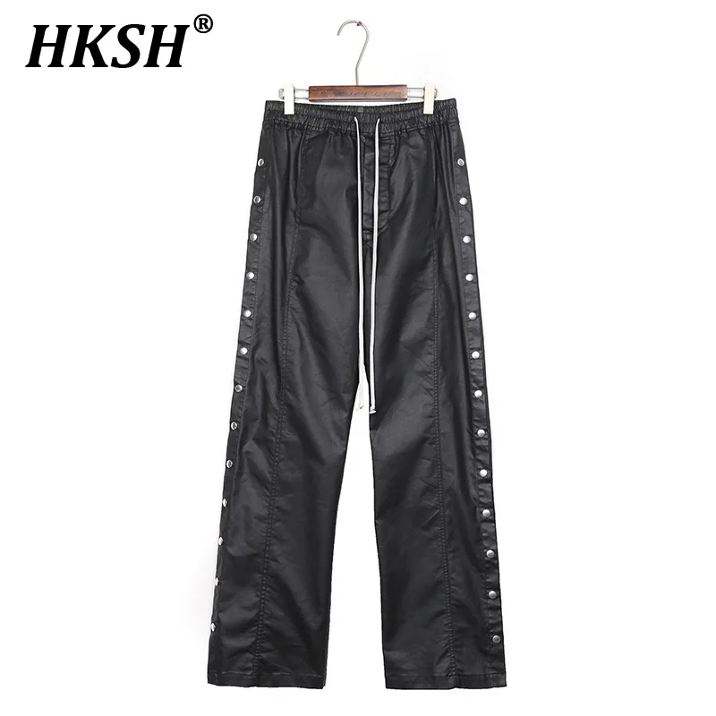 HKSH Men's Tide Niche Design Dark Coating Wax Face Straight Wide Leg Buckle Denim Loose Casual Pants Punk Fashion Jeans HK0041