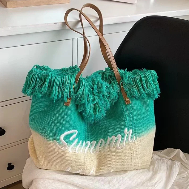 Ins New Gradient Color Large Capacity Tassels Embroidery Canvas Tote Bag Ladies Fashion Simple Shoulder Bag Handbag for Women