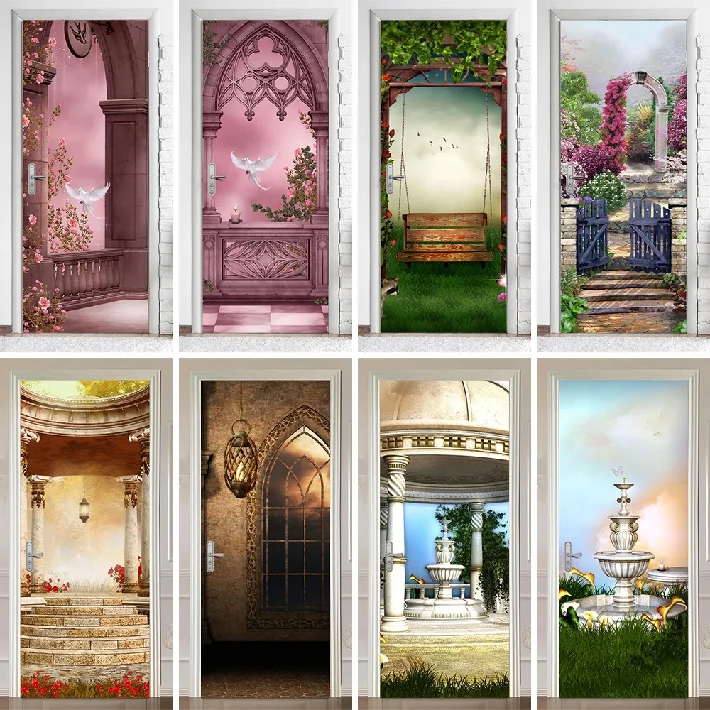 

3D European Fantasy Garden Door Sticker Gothic Arch Pink Flower Swing Fountain Removable Self Adhesive Wallpaper Home Decor