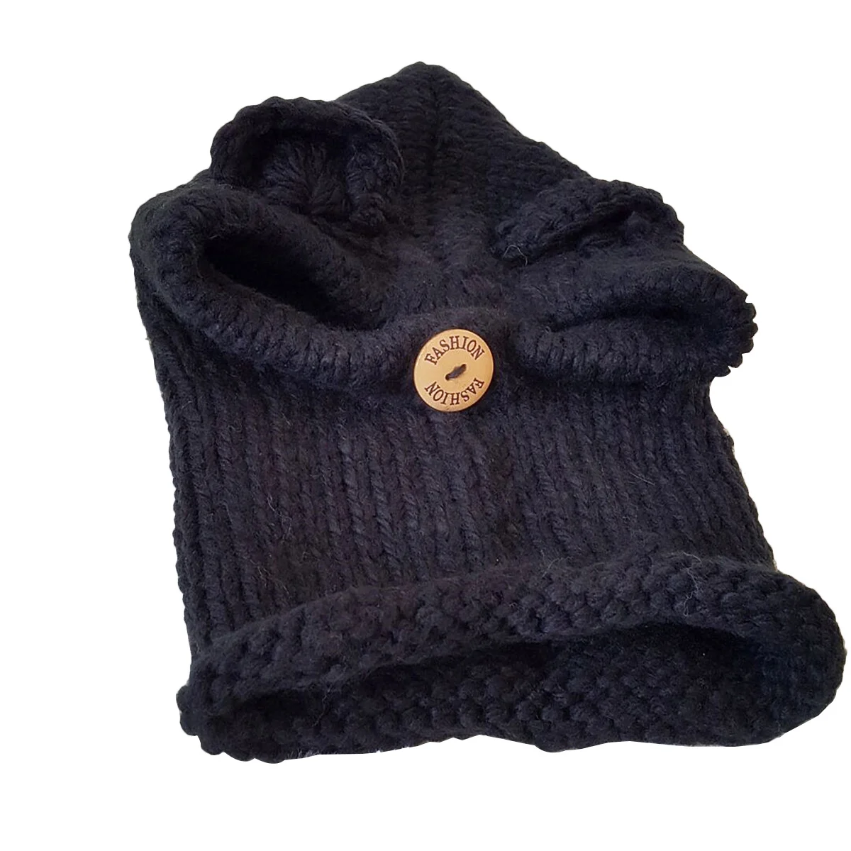 

Hooded Scarf Hat Handmade Bear Caps Neck Warmer Wrap Knitted Beanie Scarves for (Black)