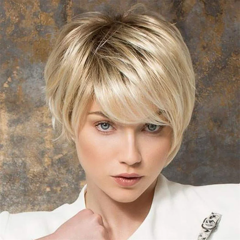 

Gold Short Hair White women's Wig Heat Resitant Synthetic Hair Party Cosplay Costume Straight Wigs Peluca