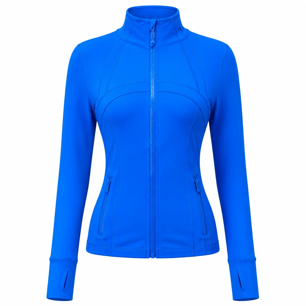 Women's Royal Blue Slim Fit Full Zip Sports Jacket Stand Collar Long Sleeve Thumbhole Workout Running Yoga Outerwear
