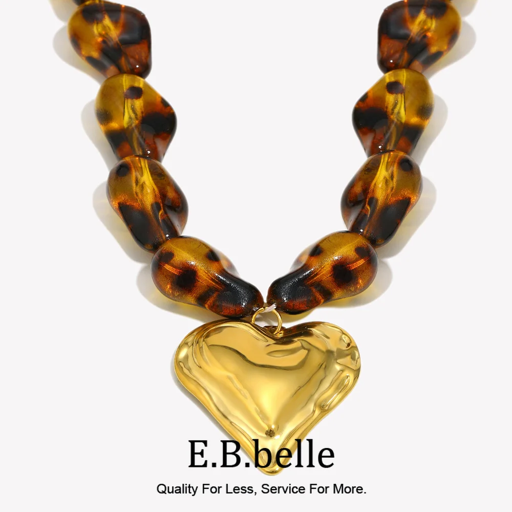 E.B.belle Leopard Print Natural Stone String Necklace With Heart Pendant Charm Personalized Design For Daily Life Birthday Party