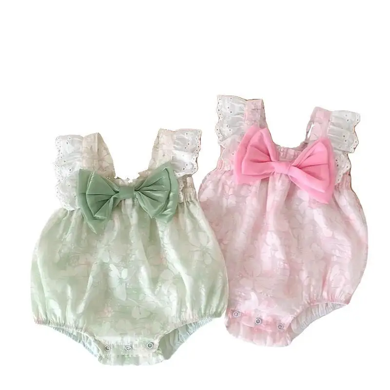 Cute Big Bow Straps Romper Bodysuit for Newborn Girl Breathable Cotton Lining Trendy Outfit for Baby Photos & Outdoor Activities