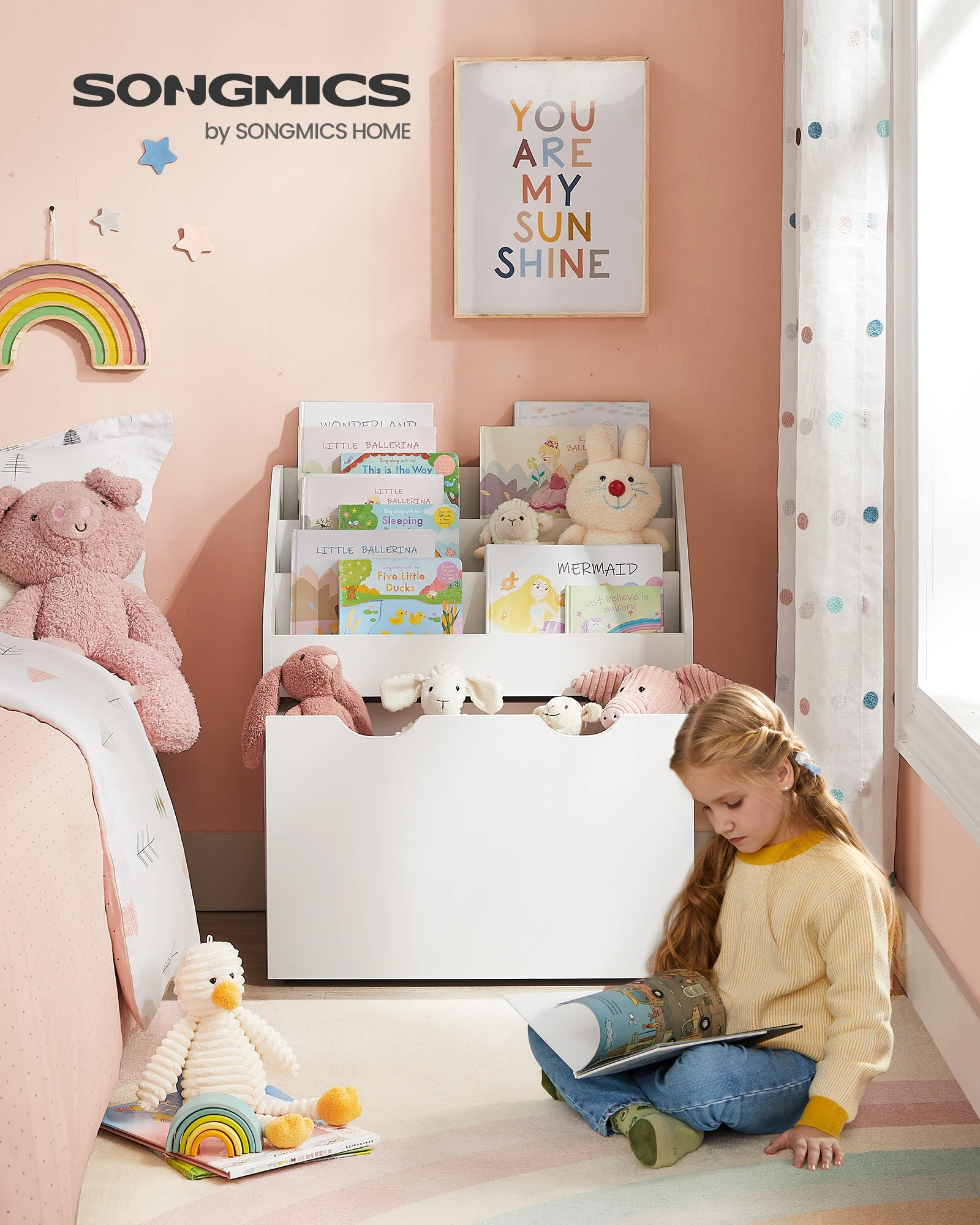 SONGMICS 3-plankige opbergbox met wielen, multifunctioneel, wit, boekenkast voor kantoor