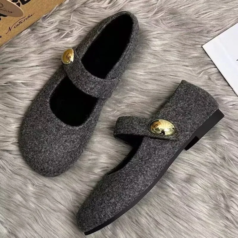 

Square Toe Felt Woolen Mary Janes Woman Tabis Flats Cotton Shoes Ladies Winter Strap Buckle Loafers Female Boots Furry Mocasines