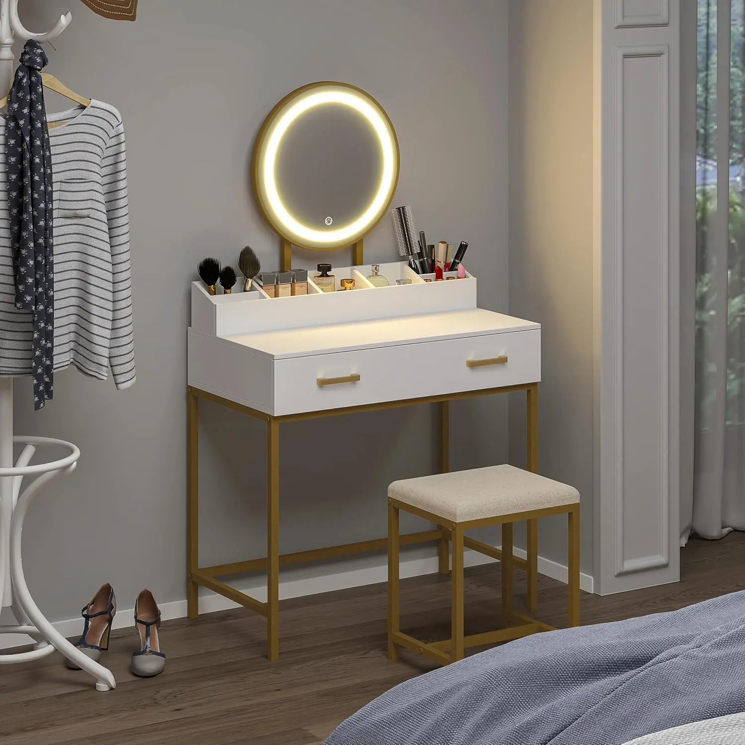 Bedroom Makeup Vanity Set in White and Gold with Mirror, Lights, Drawers, 3 Lighting Modes and Cushioned Stool view 5