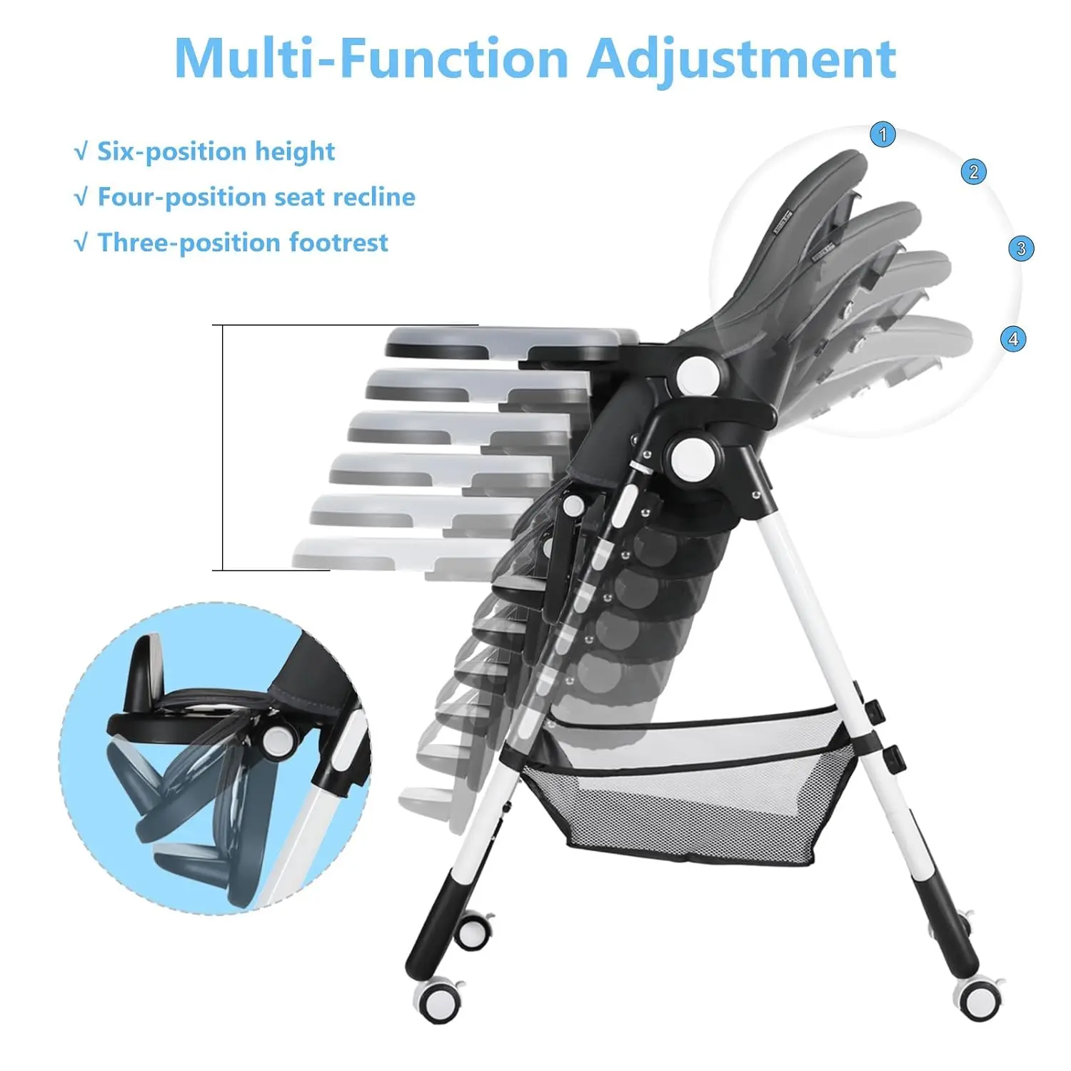 High Chair for Babies & Toddlers, Simple Fold Highchair w/Large Storage Basket, Adjustable Height, Recline & Footrest,