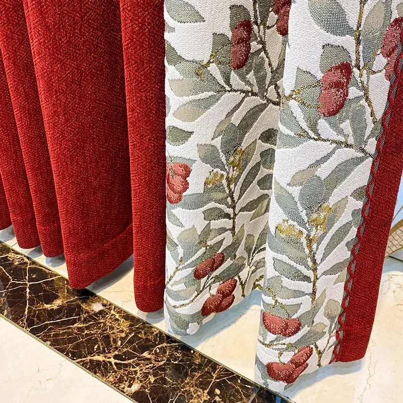 

Red Chenille Curtains for Living Dining Room Bedroom American Vintage Poplar Tree Thickened Cottage Curtains Custom Size Decor