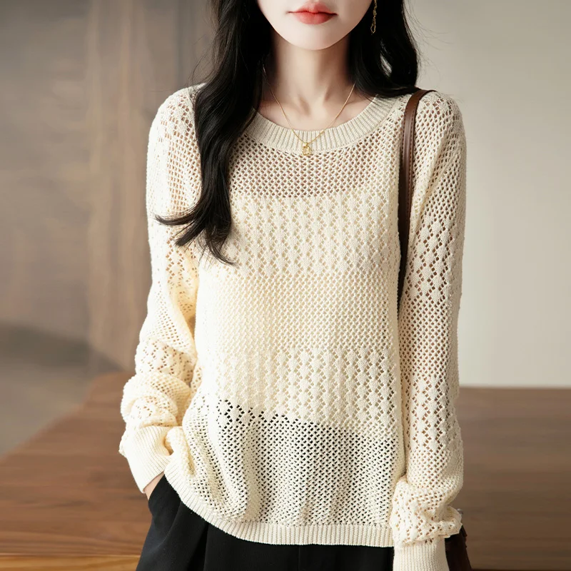 100 Pure Cotton Knitted Hollow Out Women Round Neck Long Sleeve Tee Shirt Top Breathable Lightweight Summer Casual Soft Combed..