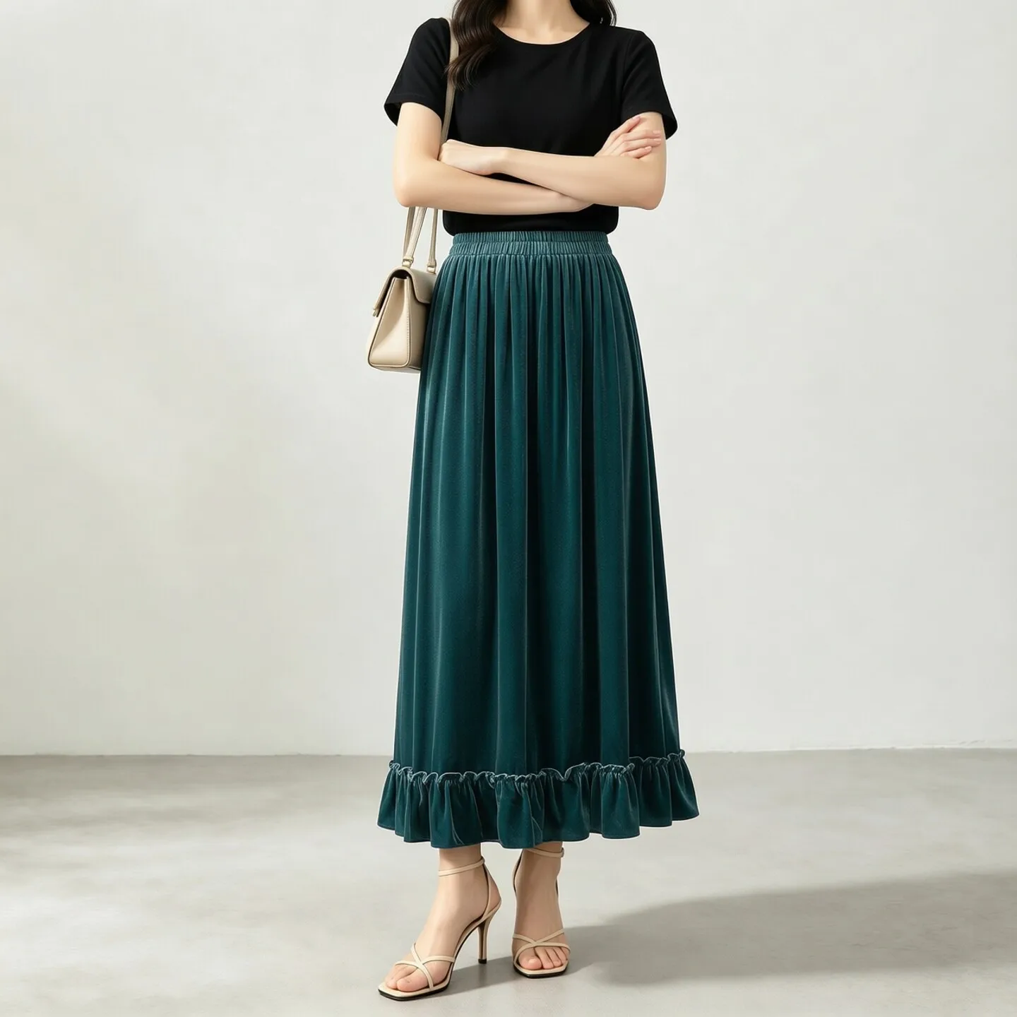 Winsleter-Silk Velvet Elegant Skirts, Elastic Waist Ruffles, Women French Commute Temperament A-line Skirt, 2026 Autumn B68539CC
